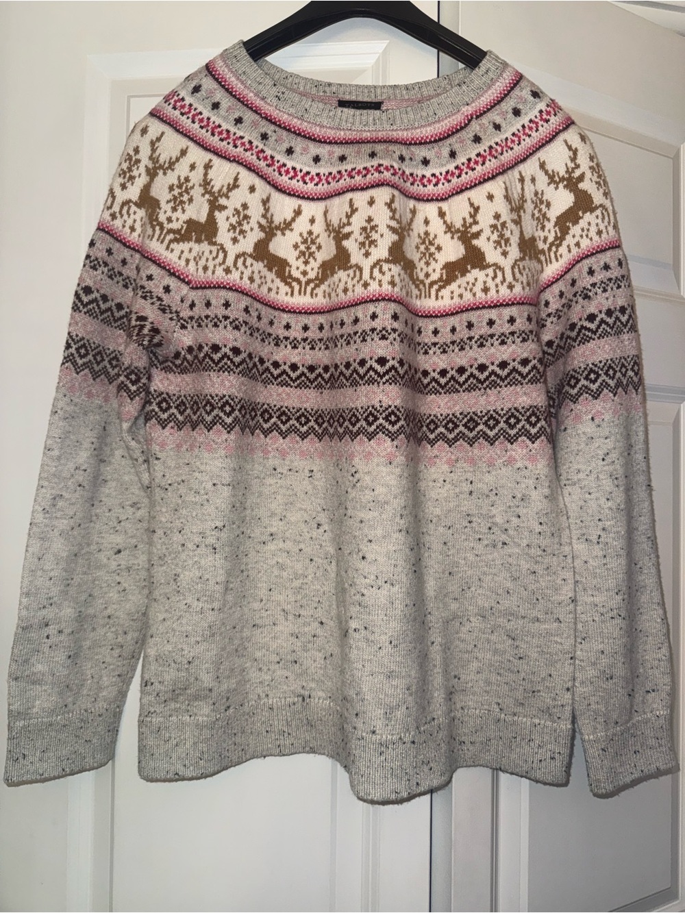 Talbots Fair Isle Reindeer Crewneck Sweater in Light Gray, Pink & Brown
